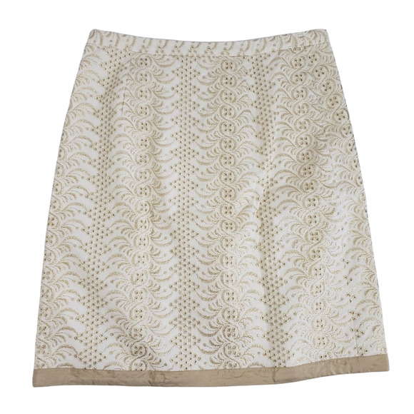 Banana Republic Pencil Skirt Size 6 Embroidered Gold Metallic Accent Ivory - Picture 2 of 8